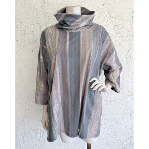 WATER LILY Top Blue Gray Striped Asian Art to Wear Oversized Cotton Blouse XS S